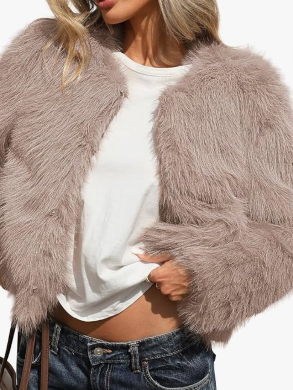ELLEVEN Women’s Fluffy Faux Fur Cropped Coat - NWT